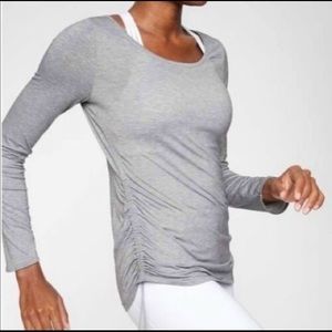 Athleta Cinch side tie long sleeve grey knit shirt scoop neck
